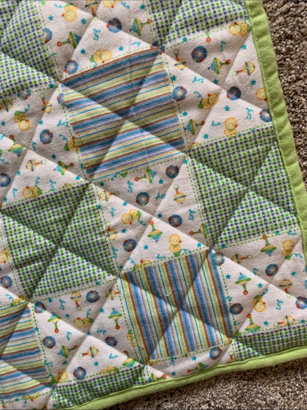 Green Patchwork Baby Quilt - Soft Floral & Stripe Nursery Quilt - Picture 2 of 3